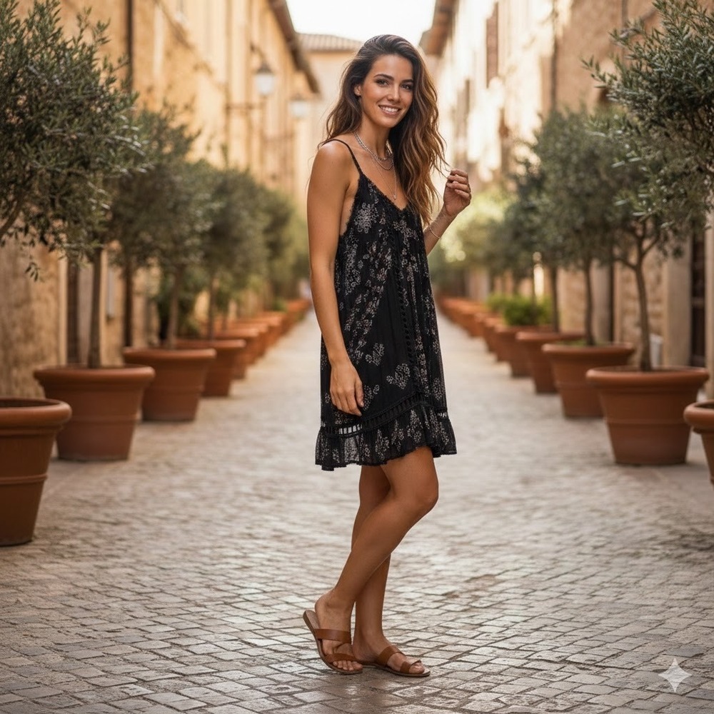 Free People FP One Boho Black Floral Lace Trim Mini Dress Fringe Spring Summer
